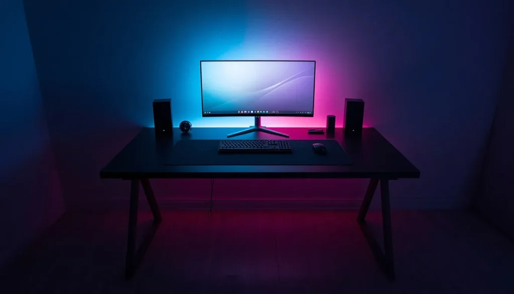 a modern minimalist gaming_ nd_productivity desk setup