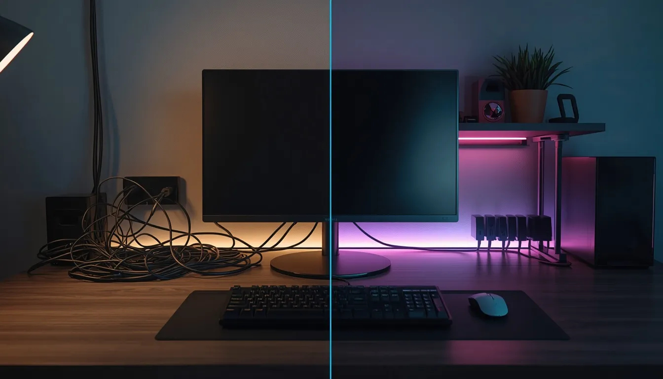 before and after split screen comparison of a minimalist office