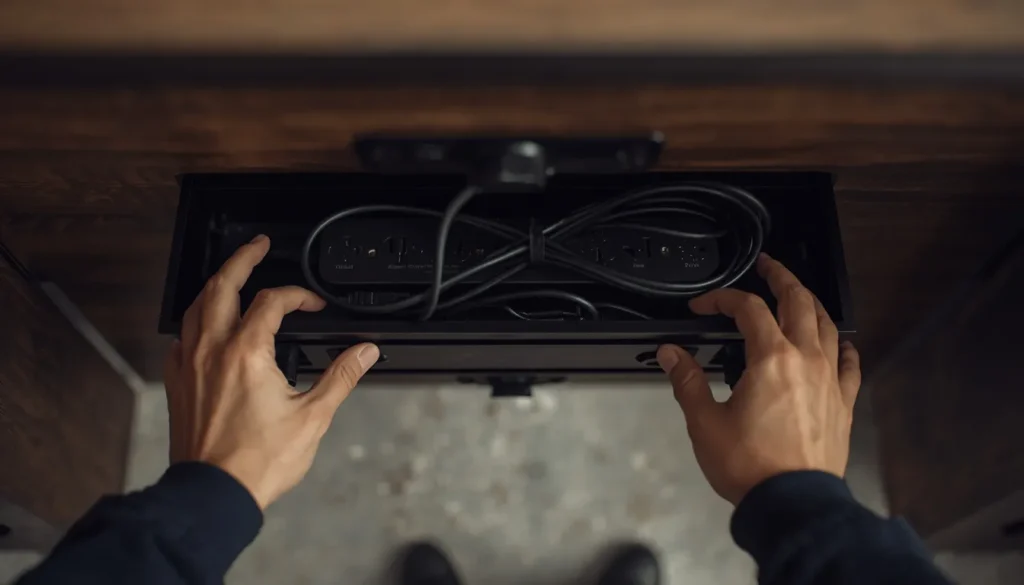 person's hands installing a black metal cable management tray underneath a dark wood desk